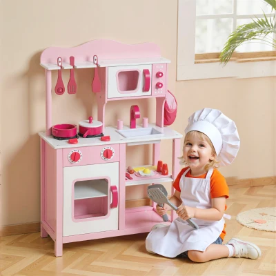 AIYAPLAY Kinderküche zum Spielen, Zubehör aus Holz, Küchengeräte, kompakt, Geräusche, Rosa