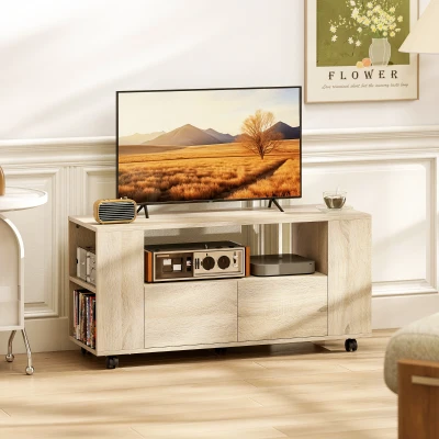 HOMCOM Mueble de TV con Ruedas para Televisión hasta 42 Pulgadas con 2 Cajones Estantes Ajustables Madera Natural