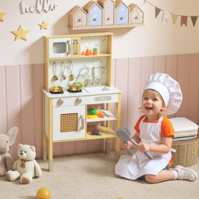 AIYAPLAY Cocina de Juguete de Madera con Sonido con Accesorios de Acero Inoxidable Verduras para Cortar Dorado