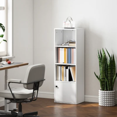 HOMCOM Librería de 4 Niveles Estantería para Libros Moderna con Estantes Abiertos y Puerta 40x30x120 cm Blanco