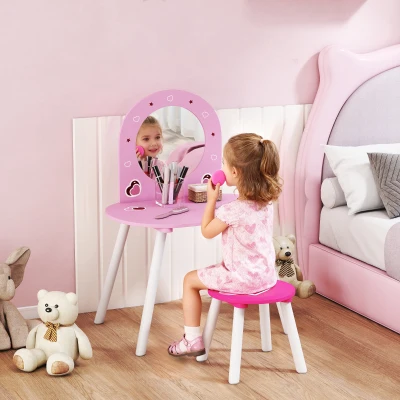 AIYAPLAY Children's Vanity with Stool and Mirror Vanity for Girls with Heart Designs for Boys and Girls 3-6 Years Pink