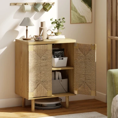 HOMCOM Aparador Bohemio de 2 Puertas con Cuerda Tejida a Mano Estante Ajustable Apertura por Presión Roble 60x40x78 cm