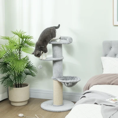 PawHut Árbol Rascador para Gatos 103,5 cm con Cama Hamaca Plataforma Poste de Sisal Grueso Bola Colgante Gris Claro