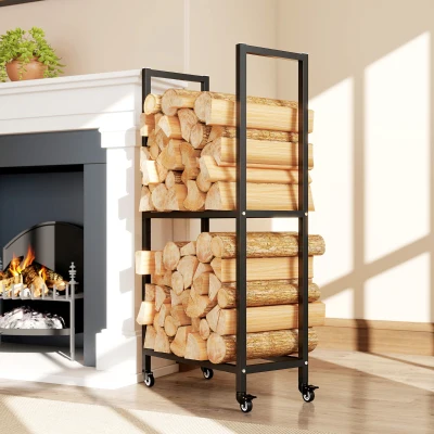 Outsunny Leñero para Exterior e Interior de Dos Niveles con Ruedas en Acero Reforzado, 60x30x119 cm, Negro