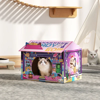 PawHut 2-in-1 Cat House with Scratching Board Pink