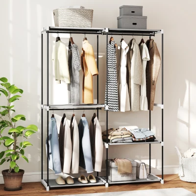 HOMCOM Armario de Ropa Armario Abierto con 4 Estantes de Tela 3 Barras para Colgar Marco de Metal 142x43x185 cm Gris Claro