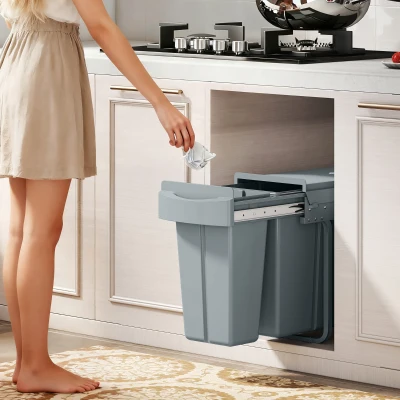HOMCOM Ausziehbarer Mülleimer, Küchenmüllbehälter mit 2 herausnehmbaren Eimern, Griff, 30 Liter (20 L+10 L), Metall, Grau