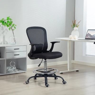 HOMCOM Fotel biurowy Regulacja wysokości Krzesło biurkowe z regulowanym pierścieniem podnóżka, podparciem lędźwiowym, 62 x 59 x 119 cm, Czarny