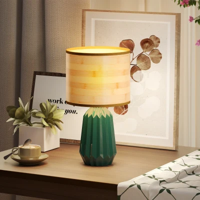 HOMCOM Lámpara de Mesa con Base de Cerámica y Pantalla de Lino Estilo Retro para Dormitorio 40W Verde y Madera Natural