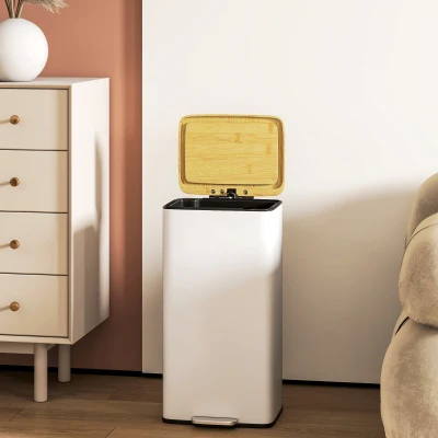 HOMCOM Cubo de Basura Cocina con Pedal 20L Tapa Cierre Suave Cubo Interior Extraíble 29,5x29,5x56,8 cm Blanco y Natural