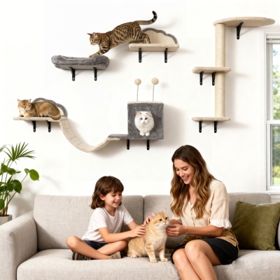 PawHut Wandgemonteerd krabpaal-set, sisal krabvlakken, 4 delen, voor 1-3 katten, Beige