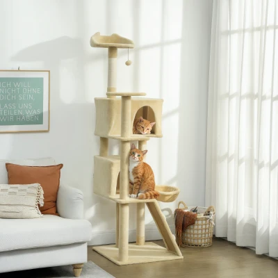 PawHut Arranhador para Gatos com Múltiplas Plataformas Cama 2 Cavernas Rede Escada Postes de Sisal 56x56x180 cm Bege