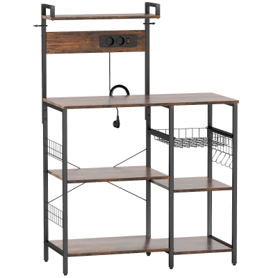 HOMCOM Keukenrek, staand rek met 2 stopcontacten, 5 S-haken, 5 planken, mand, X-stijlen staal 90 x 42 x 130 cm
