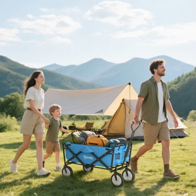 Outsunny 90L Folding Garden Trolley Cart Pull Along Wagon with Telescopic Handle for Beach Camping Festival - Blue