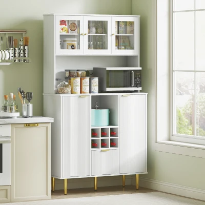 HOMCOM Armário de Cozinha Móvel Auxiliar de Cozinha Armário Alto com 3 Portas de Vidro Suporte para Garrafas 100x40x180 cm Branco