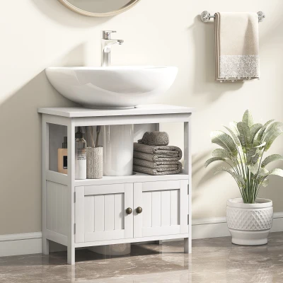 kleankin Meuble sous lavabo - meuble de salle de bain - 2 portes rainurées avec étagère ouverte - poignées alliage aluminium - 60 x 30 x 60 cm - MDF blanc