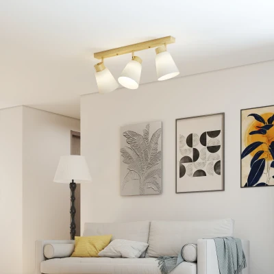 HOMCOM Lámpara de Techo con 3 Puntos de Luz Regulables a 90° y Casquillos E27, Color Madera