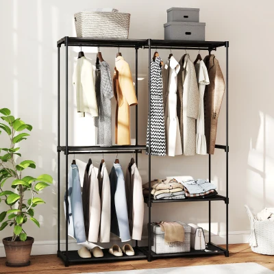 HOMCOM Draagbaar kledingrek, metalen frame, stofplanken, veel ruimte, Zwart