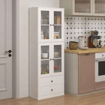 HOMCOM Armário de Cozinha Alto Móvel Auxiliar de Cozinha com 4 Portas de Vidro 2 Gavetas Prateleiras Ajustáveis 59x30x170 cm, Branco