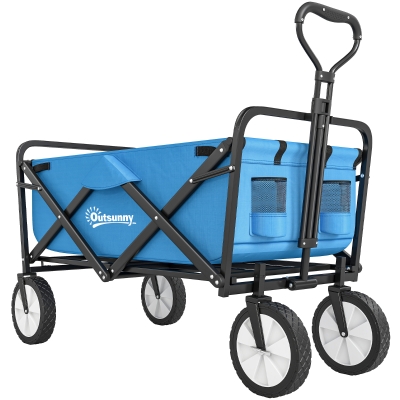 Outsunny 90L Folding Garden Trolley Cart Pull Along Wagon with Telescopic Handle for Beach Camping Festival - Blue