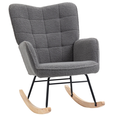 HOMCOM Accent Rocking Chair, Upholstered Berber Fleece Nursery Glider Rocker, Modern Armchair, Wingback Chair for Living Room and Bedroom, Dark Grey