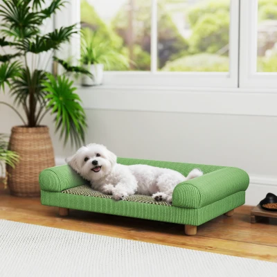 PawHut Hundesofa Hundebett erhöht, Teppich-Sitzfläche, Armlehnen, aus weichem Cordvelours 63 x 41 x 17 cm, Grün