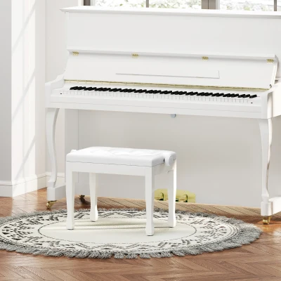 HOMCOM Banco de piano, banco de teclado ajustable en altura de madera maciza, asiento acolchado, 64 x 35 x 45-55 cm, blanco