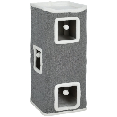 PawHut Torre para Gatos con 3 Casitas, 3 Pelotas y Plataforma, en Madera, Tejido y Peluche, 41x41x100 cm, Gris y Blanco