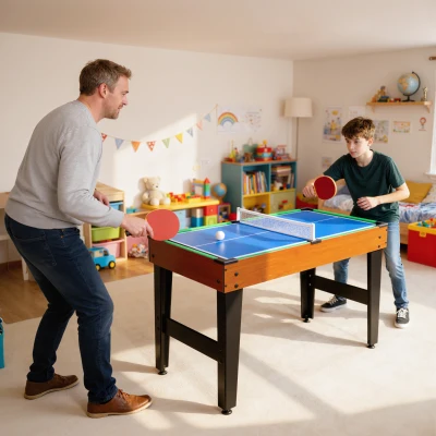 SPORTNOW Mesa Multijuegos 5 en 1 con Futbolines para Niños Billar Ping-pong Hockey y Baloncesto 134x108x144 cm Natural y Negro
