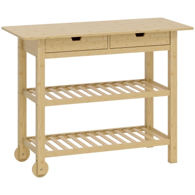 HOMCOM Bamboo Kitchen Cart with 2 Drawers, 2 Slatted Shelves and 2 Wheels, 100x43x75 cm, Wood