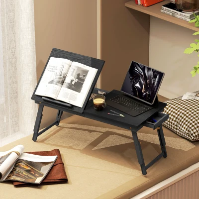 HOMCOM Klappbarer und höhenverstellbarer Betttisch, Betttischplatte für Laptop aus Bambus, neigbare Platte 83,5x33x34cm schwarz