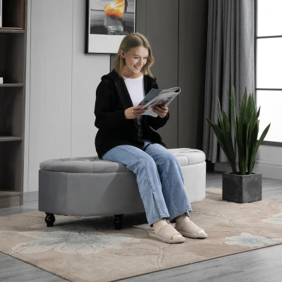 HOMCOM bank ottoman zitbank opbergdoos poef met opbergruimte open deksel voor slaapkamer velvet touch rubber hout grijs 120 x 46 x 42 cm