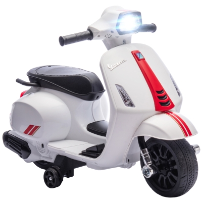 AIYAPLAY Mota Elétrica para Crianças 6V com Licença Vespa Rodas Auxiliares Velocidade de 2,5km/h Farol e Buzina 71x37x52 cm Branco