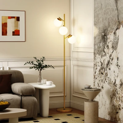 HOMCOM 3-Light Modern Floor Lamp Globe Shades Gold