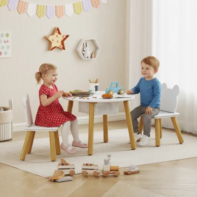 AIYAPLAY Set 1 mesa redonda, 2 sillas para niño 3 piezas, respaldo con forma de oso, actividades, manualidades, comidas, 3-6 años