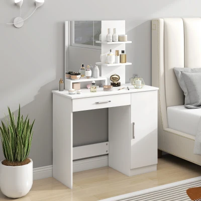 HOMCOM Toeletta con Specchio, Armadietto e Cassetto Bianco