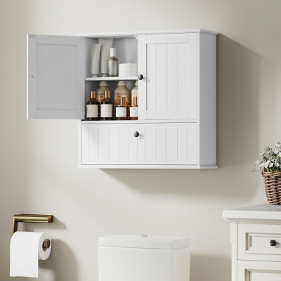 HOMCOM Armário Casa de Banho de Parede Rústico com Prateleira Ajustável Dupla Porta Porta Basculante e Fecho Magnético 60x19,5x60 cm Branco