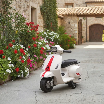 AIYAPLAY Mota Elétrica para Crianças 6V com Licença Vespa Rodas Auxiliares Velocidade de 2,5km/h Farol e Buzina 71x37x52 cm Branco