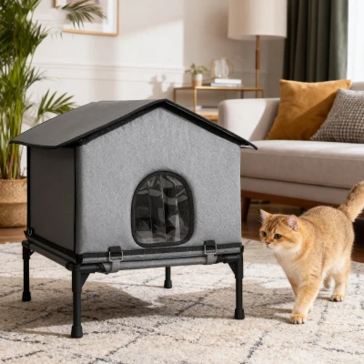 PawHut Outdoor Waterproof Cat House Elevated Grey