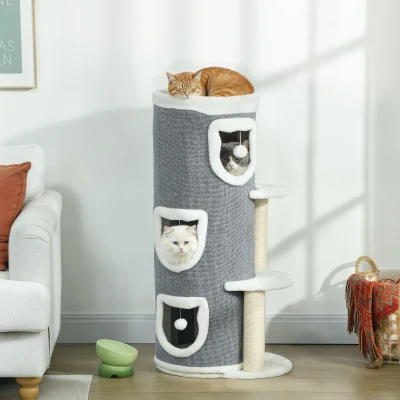 PawHut 101 cm Katzenturm, 3 Ebenen, 3 Schlafhöhlen, Spielbälle, Kratzpfosten, Sisal, Spanplatte, Grau