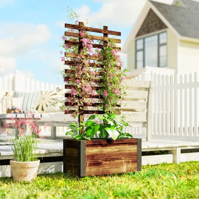 Outsunny Floreira Exterior de Madeira Floreira com Treliça para Plantas Trepadeiras Tecido não Tecido Rodas 65x31x147 cm Madeira