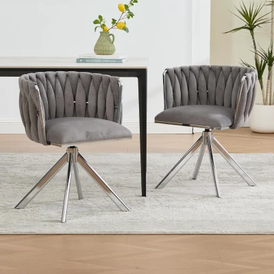 Set aus 2 Velours-Drehstühlen, 180°-Schwenkfunktion, Ergonomische Rückenunterstützung, 56 x 50 x 70 cm, Grau