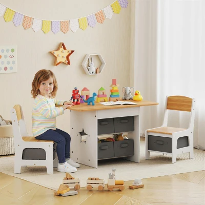 AIYAPLAY Mesa Infantil con 2 Sillas con 6 Cajones de Tela Diseño Estrellas para Niños y Niñas de 3-8 Años Natural