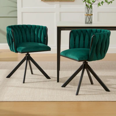 Set aus 2 Velours-Drehstühlen, 180°-Schwenkfunktion, Ergonomische Rückenunterstützung, 56 x 50 x 70 cm, Smaragdgrün