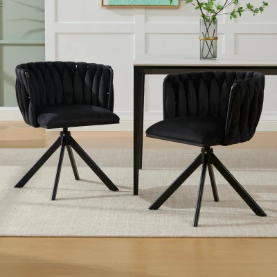 Set aus 2 Velours-Drehstühlen, 180°-Schwenkfunktion, Ergonomische Rückenunterstützung, 56 x 50 x 70 cm, Schwarz