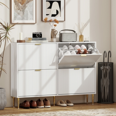 HOMCOM Zapatero Estrecho con 4 Puertas Acanaladas con Estantes Ajustables para 20 Pares de Zapatos 105x24x91,5 cm Blanco