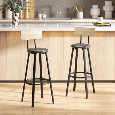 HOMCOM Juego de 2 Taburetes Altos de Cocina con Respaldo y Reposapiés Tapizados de PU Asiento de 75,5 cm Natural y Negro