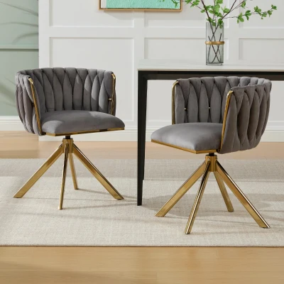Set aus 2 Velours-Drehstühlen, 180°-Schwenkfunktion, Ergonomische Rückenunterstützung, 56 x 50 x 70 cm, Grau