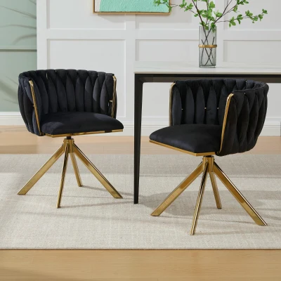Set aus 2 Velours-Drehstühlen, 180°-Schwenkfunktion, Ergonomische Rückenunterstützung, 56 x 50 x 70 cm, Schwarz