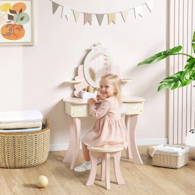 AIYAPLAY Kids Vanity Set with Mirror, Stool, Drawer, Pink
